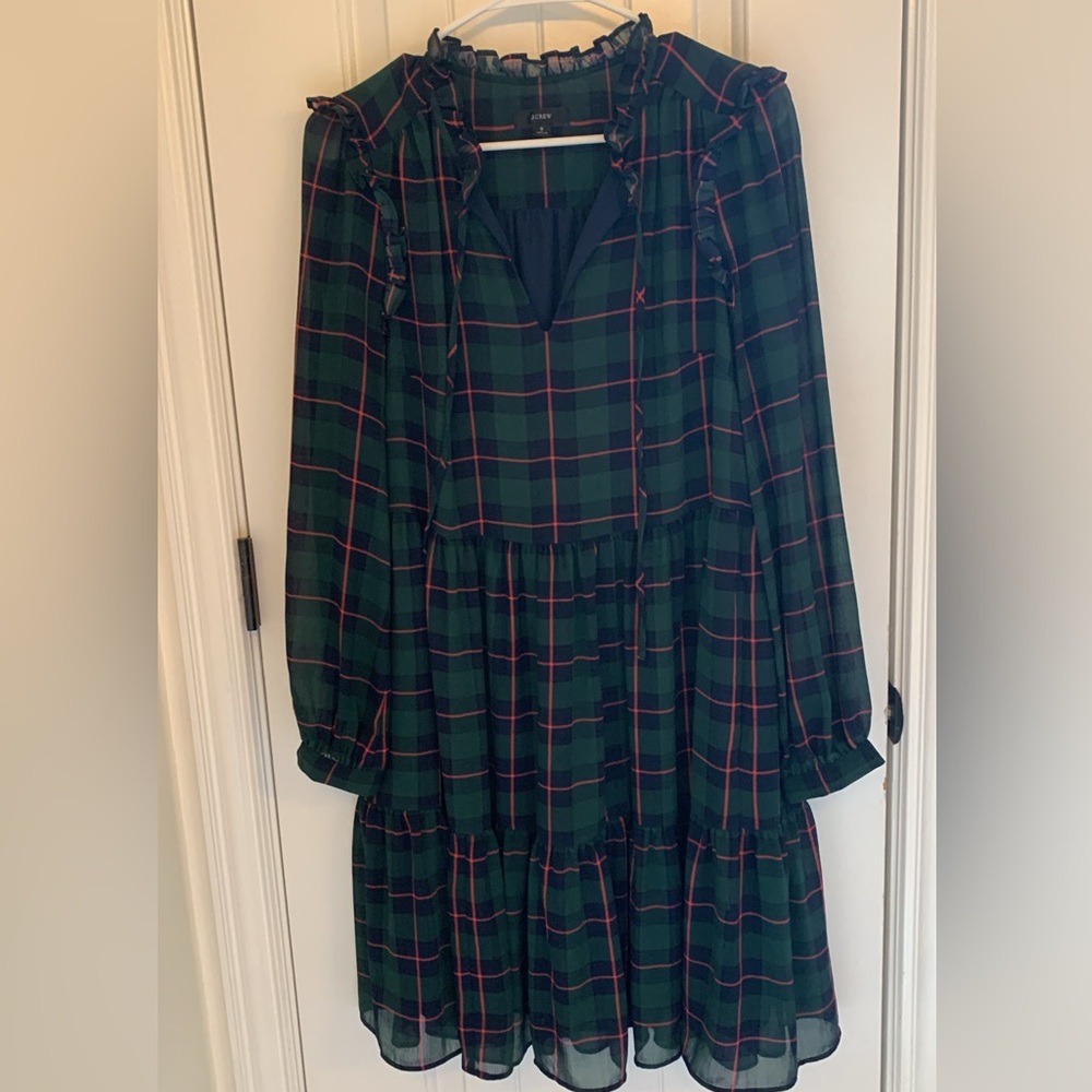 J. Crew Green Plaid Tiered Long-Sleeve Dress with Pink Accent